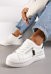 Biało-Czarne Sneakersy na Niskiej Platformie z Ozdobnym Suwakiem na Boku Pertia. Białe obuwie sportowe damskie Renee, z materiału, bez zapięcia. Za 74.99 zł.