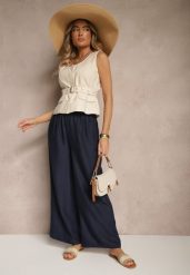 Granatowe Spodnie Typu Palazzo High Waist o Szerokim Kroju Arathira. Niebieskie spodnie materiałowe damskie Renee, bez wzorów, z jeansu. Za 39.99 zł.