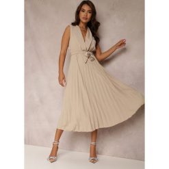 Beżowa Sukienka Volantis. Brązowe sukienki damskie Renee, bez wzorów, eleganckie, bez ramiączek. W wyprzedaży za 83.99 zł.