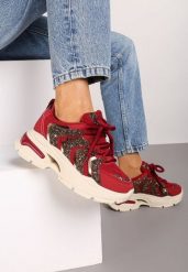 Bordowe Sznurowane Sneakersy na Platformie Ozdobione Brokatem Ewla. Czerwone obuwie sportowe damskie Renee, z materiału, bez zapięcia. Za 109.99 zł.