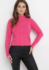 Różowy Sweter z Golfem Ozdobiony Kompozycją z Cyrkonii Ruittes. Czerwone golfy damskie Born2be, m, bez kołnierzyka. Za 99.99 zł.