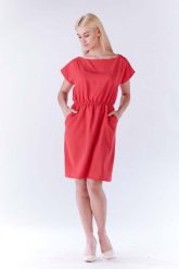Różowa Sukienka z Gumkami w Talii z Kimonowym Rękawkiem. Czerwone sukienki damskie Lou-Lou, bez wzorów, z dzianiny, bez ramiączek. Za 149.90 zł.