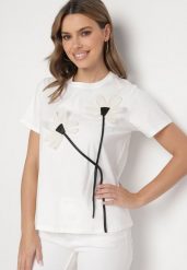 Biały T-shirt z Bawełny Ozdobiony Kwiatami Marionis. Białe t-shirty damskie Born2be, m, z aplikacjami, z bawełny, bez kołnierzyka. Za 39.99 zł.