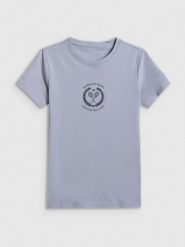 4F T-shirt slim z nadrukiem damski - niebieski L. Niebieskie t-shirty damskie 4F, l, bez wzorów, z bawełny, bez kołnierzyka. Za 59.99 zł.