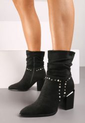 Czarne Botki na Słupku z Marszczoną Cholewką i Cyrkoniami Verinias. Czarne botki damskie Born2be, z jeansu, eleganckie, bez obcasa, na obcasie, bez zapięcia. Za 159.99 zł.