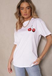 Biały T-shirt z Bawełny z Nadrukiem Wisienek Marinoti. Białe t-shirty damskie Renee, m, bez wzorów, z bawełny, bez kołnierzyka. Za 69.99 zł.