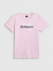 4F T-shirt regular z nadrukiem damski - różowy L. Czerwone t-shirty damskie 4F, l, bez wzorów, z bawełny, bez kołnierzyka. Za 59.99 zł.