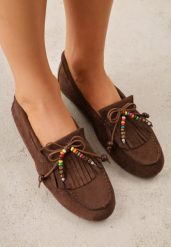 Brązowe Mokasyny VICES z Imitacji Zamszu z Kokardką Kolorowymi Koralikami i Skórzaną Wkładką Nenden. Brązowe mokasyny damskie Renee, z jeansu, bez obcasa. Za 99.99 zł.