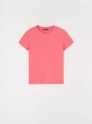 Bawełniana koszulka - koralowy. Pomarańczowe koszulki damskie Sinsay, l, bez wzorów, z bawełny, bez kołnierzyka, bez ramiączek. W wyprzedaży za 5.99 zł.