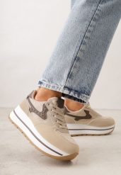 Beżowe Sneakersy na Grubej Podeszwie z Perforacją i Tweedowymi Wstawkami Idaphyphe. Brązowe obuwie sportowe damskie Born2be, z jeansu, bez zapięcia. Za 109.99 zł.