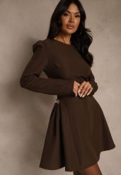 Brązowa Sukienka o Rozkloszowanym Kroju z Ozdobą z Boku Eleslia. Brązowe sukienki damskie Renee, z aplikacjami, bez ramiączek. Za 149.99 zł.