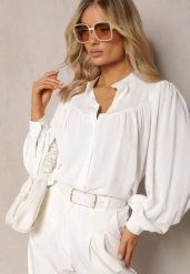 Biała Koszula ze Stójką Inspirowana Stylem Retro Bubiana. Białe koszule damskie Renee, l, bez wzorów, retro, bez kołnierzyka, bez ramiączek. Za 119.99 zł.