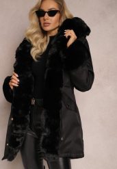 Czarna Kurtka Parka z Paskiem w Talii i Kapturem z Futerkiem Hizontia. Czarne kurtki damskie Renee, l, bez wzorów, z futra. Za 149.99 zł.