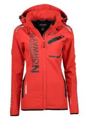 Geographical Norway Kurtka softshellowa "Reine" w kolorze czerwono-czarnym rozmiar: XL. Czerwone kurtki sportowe damskie Geographical Norway, xl, z aplikacjami, bez kaptura. Za 158.47 zł.