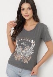 Ciemnoszary T-shirt z Bawełny z Nadrukiem Erenova. Szare t-shirty damskie Born2be, s, bez wzorów, z bawełny, bez kołnierzyka. Za 39.99 zł.