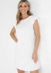 Biała Pudełkowa Sukienka Mini z Plisowanej Tkaniny z Wiskozy i Bawełny Ematisa. Białe sukienki damskie Born2be, bez wzorów, z bawełny, eleganckie, bez ramiączek. W wyprzedaży za 59.49 zł.