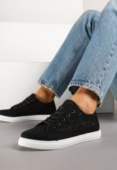 Czarne Trampki Tenisówki Ozdobione Ażurową Cholewką Xalimi. Czarne obuwie sportowe damskie Renee, z jeansu, bez zapięcia, tenisowe. Za 49.99 zł.