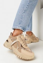 Ciemnobeżowe Sneakersy na Grubej Podeszwie z Wycięciami i Ozdobną Sznurówką Daniates. Brązowe obuwie sportowe damskie Born2be, bez zapięcia. Za 129.99 zł.