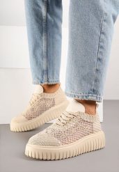 Beżowe Ażurowe Sneakersy Vices na Grubej Podeszwie z Tłoczeniem Luminise. Brązowe obuwie sportowe damskie Born2be, na lato, z materiału, bez zapięcia. Za 79.99 zł.
