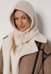 Beżowa Czapka Kominiarka z Wełną o Kroju Kaptura z Kominem Linezra. Brązowe czapki damskie Born2be, bez wzorów, z dzianiny. Za 79.99 zł.