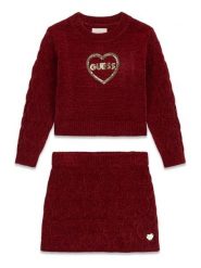 Guess Komplet sweter i spódnica K6BG03 Z1290 Czerwony ciemny Regular Fit. Czerwone swetry dziewczęce Guess, z aplikacjami, z syntetyku, bez kołnierzyka, bez ramiączek. Za 284.99 zł.