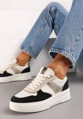 Beżowo-Czarne Sneakersy na Platformie z Brokatowymi Akcentami Sellona. Brązowe obuwie sportowe damskie Renee, z materiału, bez zapięcia. Za 79.99 zł.