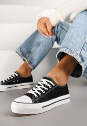 Czarne Trampki Klasyczne przed Kostkę na Grubej Podeszwie Senathiela. Czarne obuwie sportowe damskie Born2be, z jeansu, przed kostkę, bez zapięcia. Za 44.99 zł.