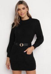 Czarna Dzianinowa Sukienka Mini w Prążki z Paskiem Milane. Czarne sukienki damskie Born2be, bez wzorów, z dzianiny, bez ramiączek. W wyprzedaży za 84.99 zł.