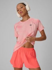 4F Koszulka do biegania szybkoschnąca damska - różowa M. Czerwone bluzki damskie 4F, l, bez wzorów, z dzianiny, bez kołnierzyka, bez ramiączek. Za 129.99 zł.