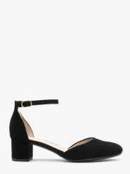 Welurowe czółenka damskie z paskiem wokół kostki. Czarne czółenka damskie Ryłko, bez wzorów, ze skóry, z okrągłym noskiem, bez obcasa, na obcasie. W wyprzedaży za 299.99 zł.