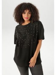 Aniston Koszulka w kolorze czarnym rozmiar: 44. Czarne bluzki damskie Aniston, bez wzorów, z bawełny, bez kołnierzyka, bez ramiączek. Za 65.99 zł.