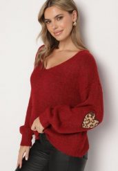 Bordowy Sweter z Wełną i Ozdobnymi Naszywkami na Łokciach Norethra. Czerwone swetry klasyczne damskie Born2be, na zimę, uniwersalny, z jeansu, bez kołnierzyka. Za 129.99 zł.