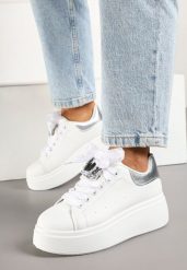 Biało-Srebrne Sneakersy z Ozdobnym Kamieniem Viverida. Białe obuwie sportowe damskie Born2be, z jeansu, bez zapięcia. Za 84.99 zł.