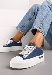 Niebieskie Sneakersy na Grubej Podeszwie z Metalicznymi Wstawkami i Cyrkoniami Himaria. Niebieskie obuwie sportowe damskie Born2be, z jeansu, bez zapięcia. Za 89.99 zł.