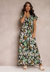 Zielono-Czarna Sukienka z Wiskozy Maxi w Kwiaty Mahiza. Zielone sukienki damskie Renee, bez wzorów, z tkaniny, bez ramiączek. W wyprzedaży za 67.99 zł.