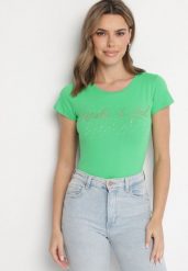 Zielony Bawełniane T-shirt z Cyrkoniami i Napisem Readia. Zielone t-shirty damskie Born2be, l, bez wzorów, z bawełny, bez kołnierzyka. Za 34.99 zł.