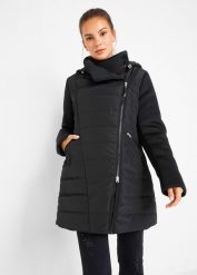 Kurtka z szerokim kołnierzem i kapturem. Czarne kurtki damskie bonprix, bez wzorów. Za 279.99 zł.