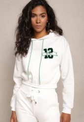 Biała Krótka Bluza z Kapturem Ściągaczami i Ozdobnym Nadrukiem Relis. Białe bluzy damskie Renee, l, z aplikacjami, z kapturem. Za 34.99 zł.