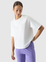4F T-shirt oversize z nadrukiem damski - biały S. Białe t-shirty damskie 4F, s, bez wzorów, z bawełny, bez kołnierzyka. W wyprzedaży za 39.99 zł.