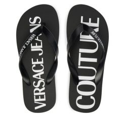 Japonki Versace Jeans Couture. Czarne klapki damskie Versace Jeans Couture, bez wzorów, z jeansu, bez obcasa, bez zapięcia. Za 249.99 zł.