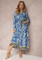 Niebieska Sukienka Koszulowa Rozkloszowana z Wiązaniem Vern. Niebieskie sukienki damskie Renee, bez wzorów, eleganckie, bez ramiączek. W wyprzedaży za 91.99 zł.