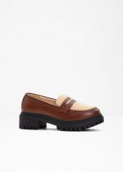 Loafersy chunky. Brązowe czółenka damskie bonprix, bez wzorów, bez obcasa. Za 159.99 zł.