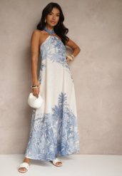 Niebieska Sukienka z Wiskozą Ozdobiona Wiązaniem i Wzorem Palm Folenella. Niebieskie sukienki damskie Renee, bez wzorów, z wiskozy, eleganckie, bez ramiączek. W wyprzedaży za 107.99 zł.