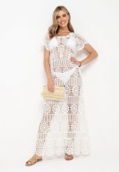 Biała Bawełniana Sukienka Plażowa Maxi w Ażurowym Stylu Aanuan. Białe sukienki damskie Born2be, z aplikacjami, z bawełny, bez ramiączek. Za 209.99 zł.