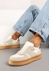 Beżowo-Białe Płaskie Sneakersy z Perforacją i Ozdobnymi Przeszyciami Neaviria. Brązowe obuwie sportowe damskie Born2be, na jesień, z jeansu, bez zapięcia. Za 84.99 zł.
