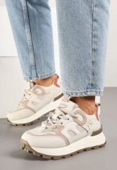 Beżowe Sneakersy Ozdobione Geometrycznym Motywem Tolissea. Brązowe obuwie sportowe damskie Renee, z jeansu, bez zapięcia. Za 99.99 zł.