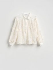 Koszula z haftowanym zdobieniem - kremowy. Białe koszule damskie Reserved, l, z aplikacjami, z bawełny, bez kołnierzyka, bez ramiączek. Za 179.99 zł.