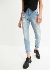 Dżinsy Straight mid waist, z nadrukiem. Niebieskie jeansy damskie bonprix. Za 147.99 zł.