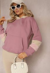 Ciemnoróżowa Bawełniana Bluza z Kapturem i Wstawkami z Polaru Qilin. Czerwone bluzy damskie Renee, z aplikacjami, z bawełny, z kapturem. Za 84.99 zł.