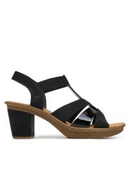 Rieker Sandały 665K3-00 Czarny. Czarne sandały damskie Rieker, bez wzorów, z syntetyku, bez obcasa, na słupku, bez zapięcia. Za 299.99 zł.